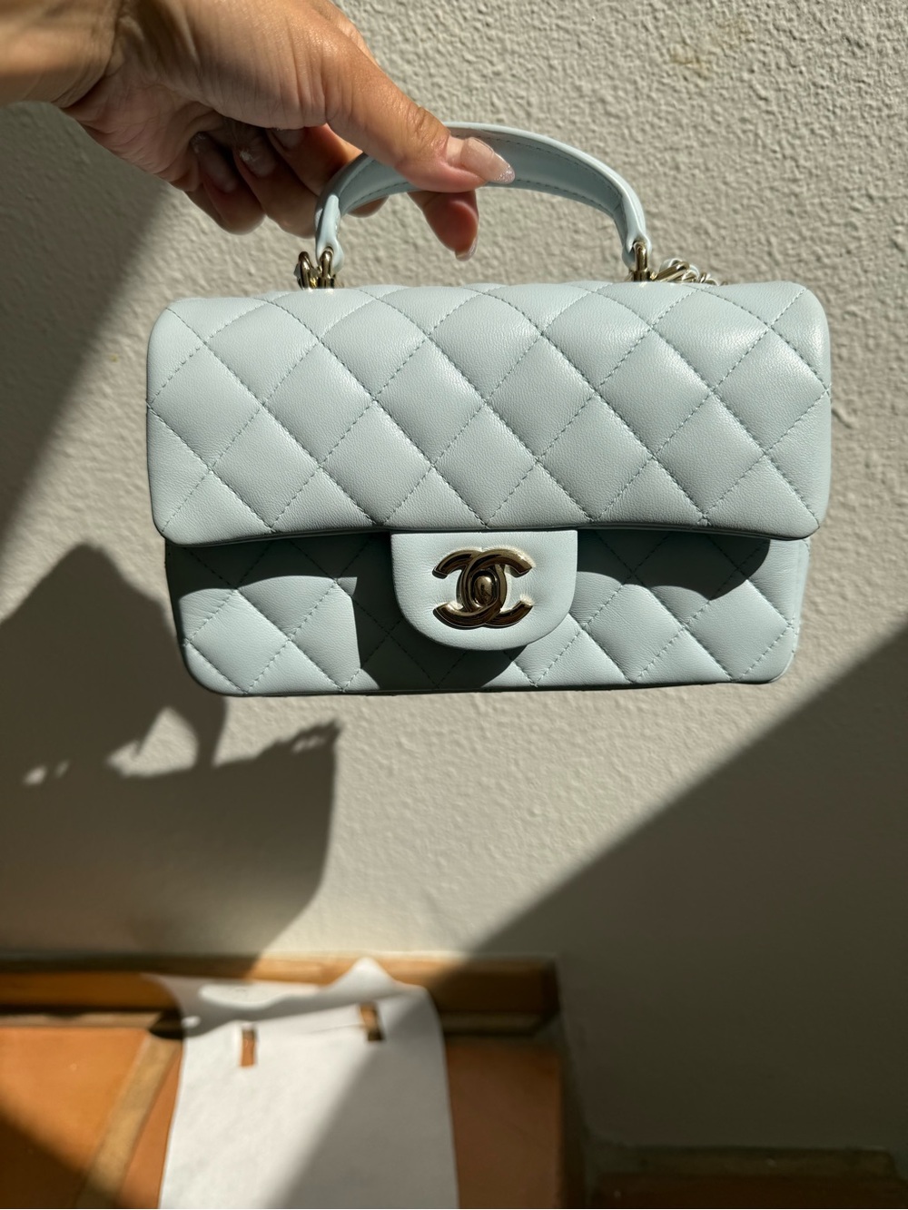 💯 Authentic CHANEL Mint Quilted Top Handle Rectangular Mini flap Bag w/ Gold CC